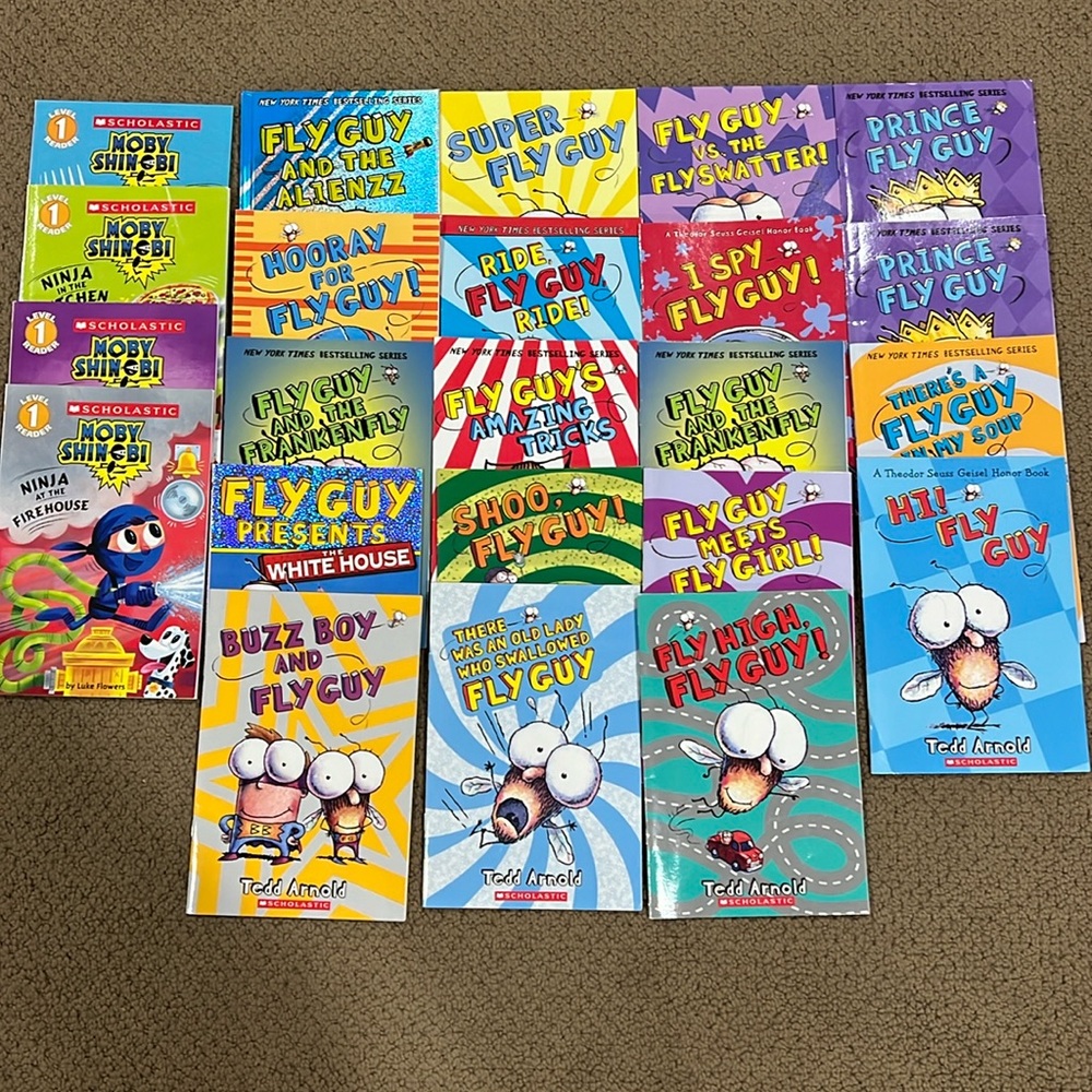 Scholastic Fly Guy by Ted Arnold and Scholastic Moby Shinobi by Luke Flowers